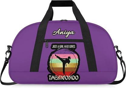 Custom Name Taekwondo Karate Duffle Bag for kids Girls - Personalized Martial Arts Gear Bag, Water-Resistant Sparring Equipment Bag, Taekwondo Purple