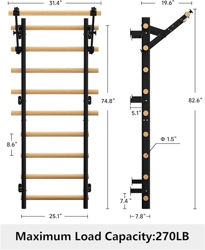Swedish Ladder Wall Gym, Wooden Wall-Mounted Stall Bars with Pull-up Bar & Exercise Straps & Dip Bars, Stretching Ladder Full Body Home Gym Adults New