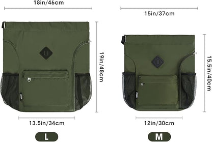 WANDF Drawstring Backpack Sports Gym Bag with Shoes Compartment, Water-Resistant String Backpack Cinch for Women Men (Large,Dark green)