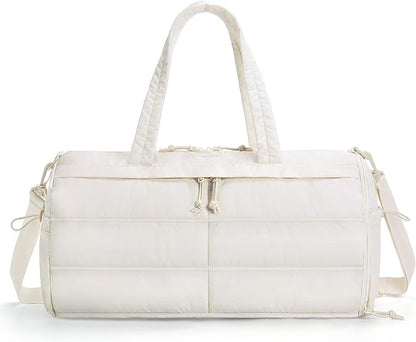 BAGSMART Puffer Gym Bag for Women, Lightweight Duffel Bag with Shoe Compartment, Weekender Bags with Wet Pocket, Workout Overnight Carry on Bag for Travel, Beige