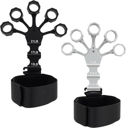 2PCS Grip Strength Trainer, Finger Exerciser, Double Sided Grip Strength Trainer for Rock Climbing and Hand Therapy, Adjustable Finger Extension Exerciser Builds Hand Strength for Relieve Pain(Black+Grey)