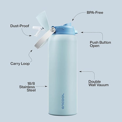 Insulated Water Bottle with Straw - Encool Stainless Steel Water Bottle with Push Button Lid, Leak-Proof & BPA-Free, Keeps Cold for 24 Hours for Sports, Travel, Gym (40 oz, Jungle Mist)