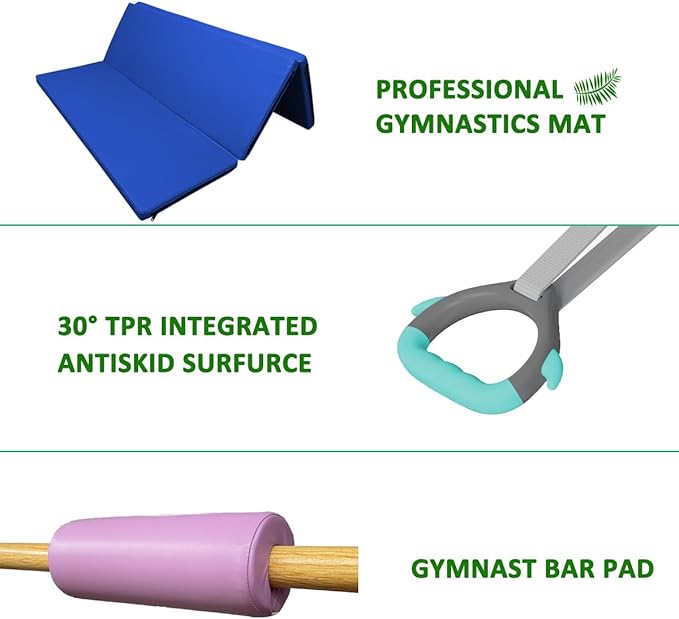 Foldable & Moveable Gymnastics Horizontal Bar with Rings,3’to 5’Adjustable Height Expandable Junior Kip Bar for Home,Indoor Gym Equipment for Kids