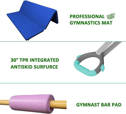 Foldable & Moveable Gymnastics Horizontal Bar with Rings,3’to 5’Adjustable Height Expandable Junior Kip Bar for Home,Indoor Gym Equipment for Kids
