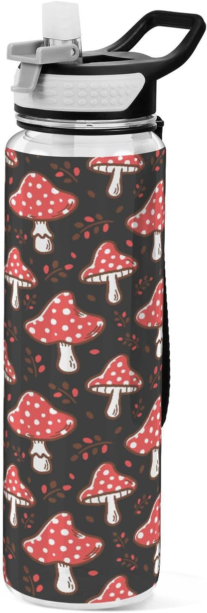 Fustylead Amanita Red Mushroom 32 oz Water Bottle with Straw, Leakproof Clear Sport Bottles for Women Men Outdoor Sport Drinking
