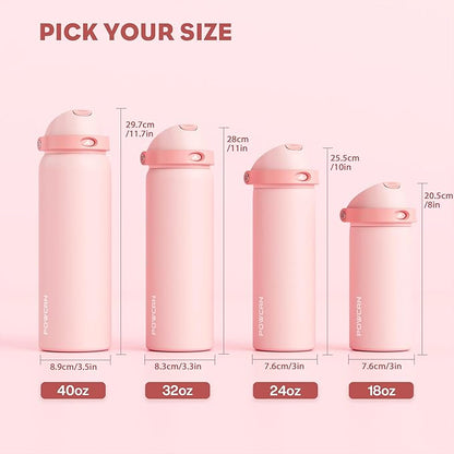 POWCAN 18 oz Insulated Water Bottle: 2-in-1 Push-Button Spout & Quick-Flip Straw, Leakproof, Cold 24Hrs, Fits Car Cup Holder, Stainless Steel Water Bottle for Sports, Travel, School (Cotton Candy)
