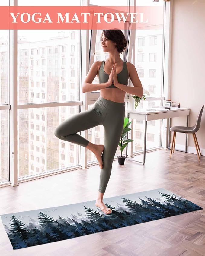 Forest Blue Trees Yoga Mat Towel with Corner Pockets for Hot Yoga Non Slip,Absorbent Yoga Blankets Microfiber Soft Gym Sweat Working Out Fitness Pilates Towels 74"x26" Watercolor Nature Bird