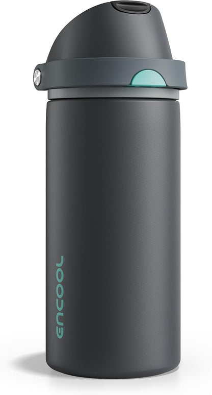 Insulated Water Bottle with Straw - Encool Stainless Steel Water Bottle with Push Button Lid, Leak-Proof & BPA-Free, Keeps Cold for 24 Hours for Sports, Travel, Gym (18 oz, Tuna Grey-Green)