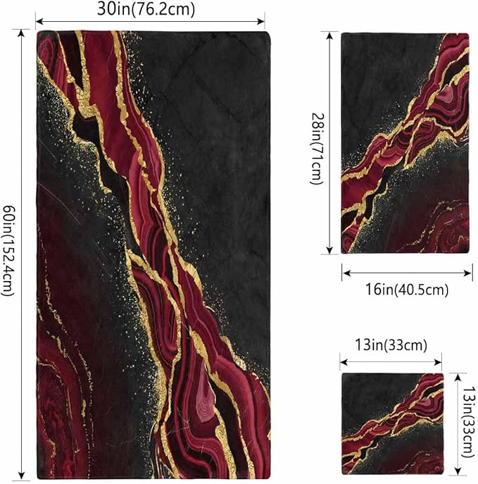 Marble Red Bath Towels for Bathroom Set - Luxury Towels Gifts for Women,Quick Dry Beach Kitchen Hand Hair Face Yoga Workout Gym Towel and Dish Washcloth,Gradient Abstract Modern Minimalist Black Gold