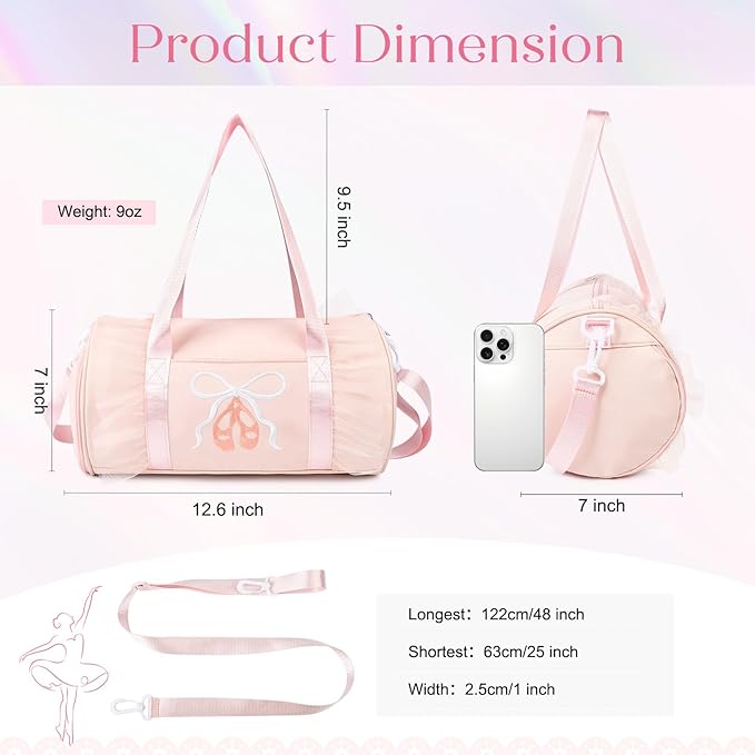 Dance Bag for girls, KUIRAN 8L Dance Duffel Bag with Separate Shoe Compartment Lightweight Water-resistant Sport Bag for Dance, Ballet, Gym, Travel - Light Pink