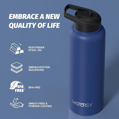40oz Insulated Water Bottle (Cold for 48 Hrs),BPA Free&Leak Proof,Stainless Steel Water Flask,Water Jug with Straw Spout Lids for Gym,Hiking,Travel,Deep Blue
