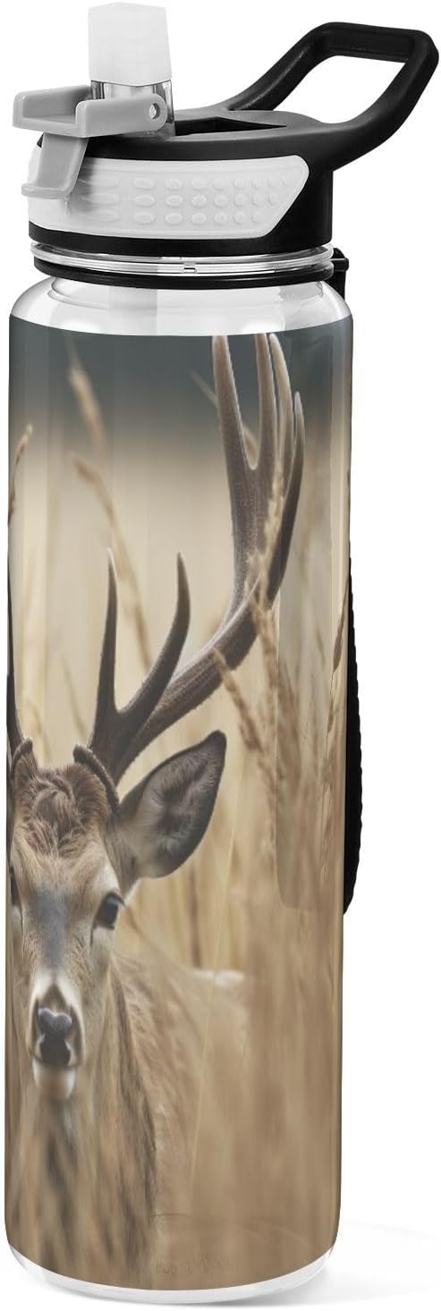 YETTASBIN Deer Clear Water Bottle with Straw Lid, BPA-Free Leakproof Sport Water Bottle 32oz Large Gym Water Jug for Men Women Travel Fitness Outdoor