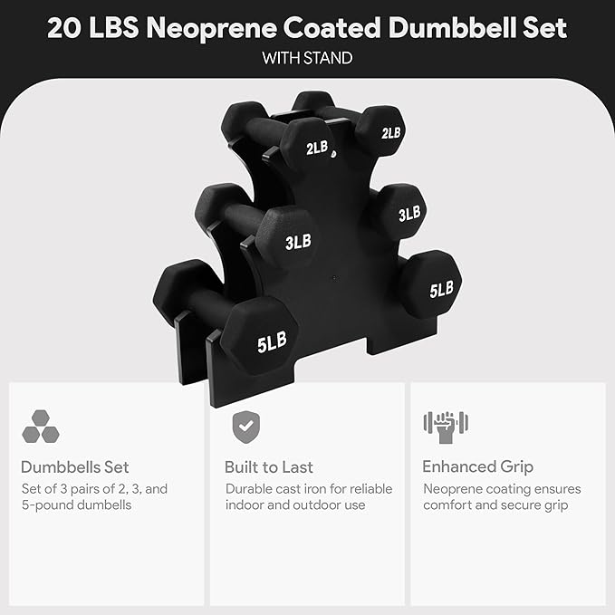 BalanceFrom Neoprene Coated Iron Dumbbell Hex Weights Set with Stand – Color-Coded or Black Options with Non-Slip Grip for Strength Training, Resistance Workouts, and Home Gym Fitness