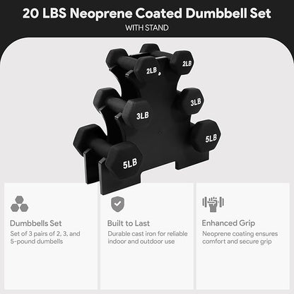 BalanceFrom Neoprene Coated Iron Dumbbell Hex Weights Set with Stand – Color-Coded or Black Options with Non-Slip Grip for Strength Training, Resistance Workouts, and Home Gym Fitness