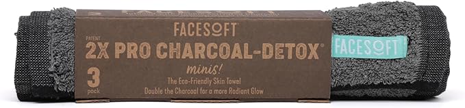 FACESOFT Mini Towels Charcoal 2X PRO Detox Multipack - Double Activated Charcoal - Pulls Toxins and Impurities from Skin - Soft and Absorbent Cotton Exercise Towel - Workout Towel for Sweat - 3 Pc