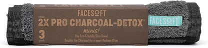 FACESOFT Mini Towels Charcoal 2X PRO Detox Multipack - Double Activated Charcoal - Pulls Toxins and Impurities from Skin - Soft and Absorbent Cotton Exercise Towel - Workout Towel for Sweat - 3 Pc