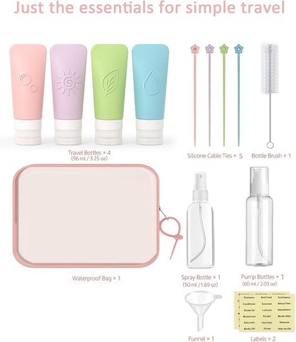 16-Piece Silicone Travel Bottles Set – TSA Approved Leakproof Toiletry Kit with Flat Easy-Squeeze Bottles, Pump & Spray, Waterproof Bag