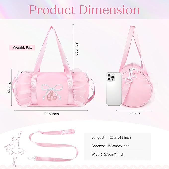 Dance Bag for girls, KUIRAN 8L Dance Duffel Bag with Separate Shoe Compartment Lightweight Water-resistant Sport Bag for Dance, Ballet, Gym, Travel - Pink