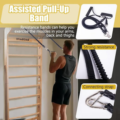 Wood Swedish Ladder with 11 Strategic Rods,Withstands up to 330 lbs,Stall Bar,Include Exercise Straps+Pull-Up Resistance Band+Pull-Up Bar,31.5”*86.6”,Wall Mounted,Stretching and Various Exercises,Indoor Home School Gym Fitness
