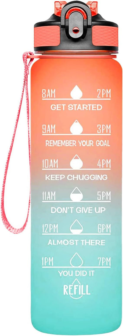 Frosted 32 oz Sports BPA Free Leakproof Water Bottle With Time Marker, Small Mouth, For Gym Fitness Hiking Bike Camping