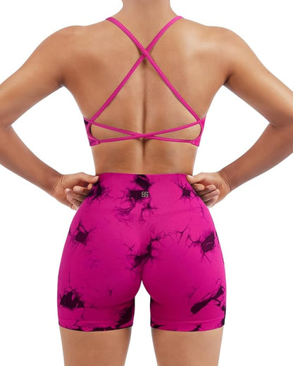 SUUKSESS Women Seamless Workout Sets Strappy Sports Bra High Waist Booty Shorts Outfits