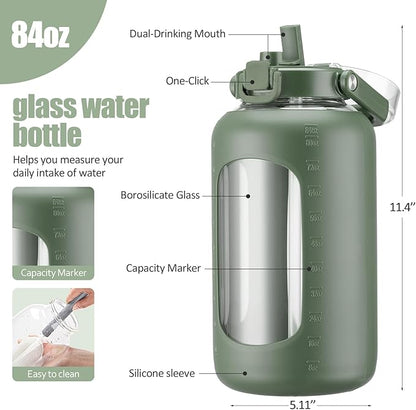 BLUEGO 84oz Glass Water Bottle with Straw and Handle, Large Water Bottle with Sip & Chug Lid, 2.5L Water Jug Silicone Sleeve with Time, Full Day Drinking Bottle for Sports BPA Free, Olive