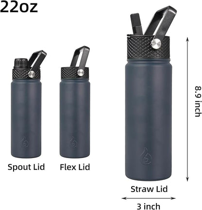 BJPKPK Insulated Water Bottles with Straw Lid, 22oz Cold & Hot Thermo, Stainless Steel Metal Water Bottle with 3 Lids, Reusable Thermo, Cups, Mugs for Daily Use-Navy Blue