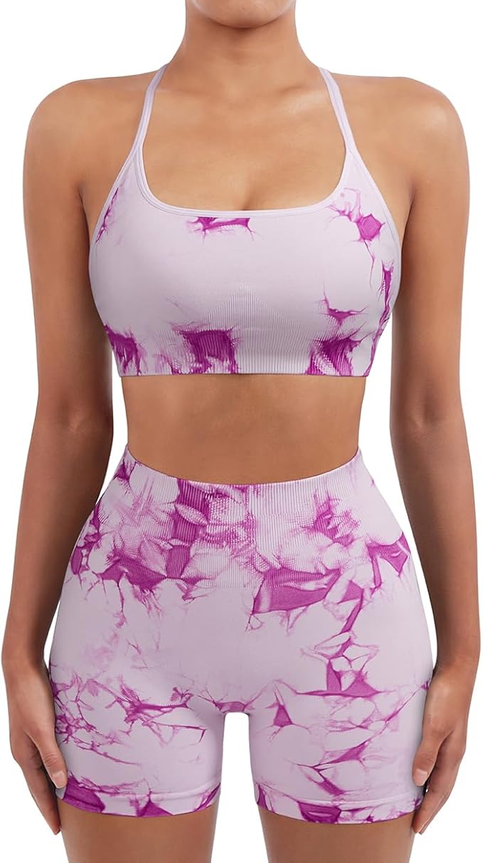 SUUKSESS Women Seamless Workout Sets Strappy Sports Bra High Waist Booty Shorts Outfits