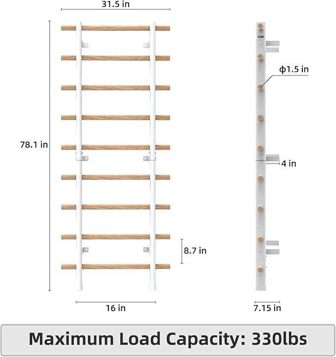 DHT Wood Stall Bar, Swedish Ladder Suspension Trainer with 9 Strategic Rods, for Home, Gym, School and Clinics, White