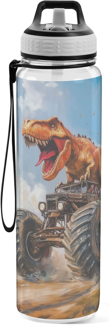 Fustylead T-rex Riding Monster Truck Tritan Water Bottle with Straw and Lids, 32 oz Reusable BPA Free Sport Water Bottle for Gym Camping Hiking Travel