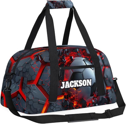 Personalized Boys Soccer Gym Bags for Kids, Custom Name Sport Bags for Training Travel Overnight Weekender, Dark Red
