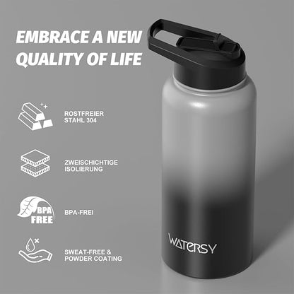 32oz Insulated Water Bottle (Cold for 48 Hrs),BPA Free&Leak Proof,Stainless Steel Water Flask,Water Jug with Straw Spout Lids for Gym,Hiking,Travel,Grey Black
