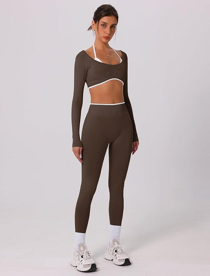 ABOCIW Workout Sets for Women Long Sleeve Crop Top Scrunch Butt Lifting High Waist Leggings 2 Piece Gym Yoga Outfits