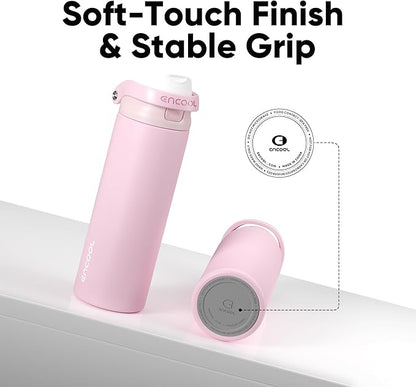 ENCOOL Leakproof Insulated Water Bottle with Straw Dual-Sip Water Bottle Bag-Safe Design for Work, Commute & Gym – Keeps Drinks Cold All Day, 24 oz, Poppy Pink