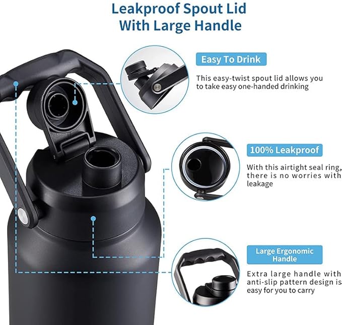 64 Ounce Half Gallon Insulated Water Bottle, Large Capacity Vacuum Flask with Handgrip (Black)