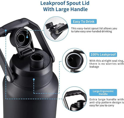 64 Ounce Half Gallon Insulated Water Bottle, Large Capacity Vacuum Flask with Handgrip (Black)