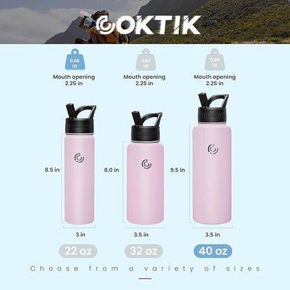 COKTIK 40oz Sports Water Bottle, Stainless Steel Water Bottle for Insulated, Reusable Travel Bottle, With Straw, With Handle Grip for Easy Carrying, Suitable for Cycling, Outdoor Vacations(Blush)