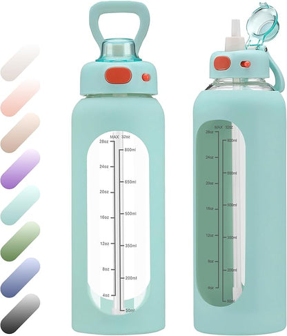 SIEROZUR 32 oz Glass Water Bottle with Straw and Handle 1 Liter Glass Water Bottle with Silicone Sleeve and Time Marker Sports Water Jug Wide Mouth for Travel Gym