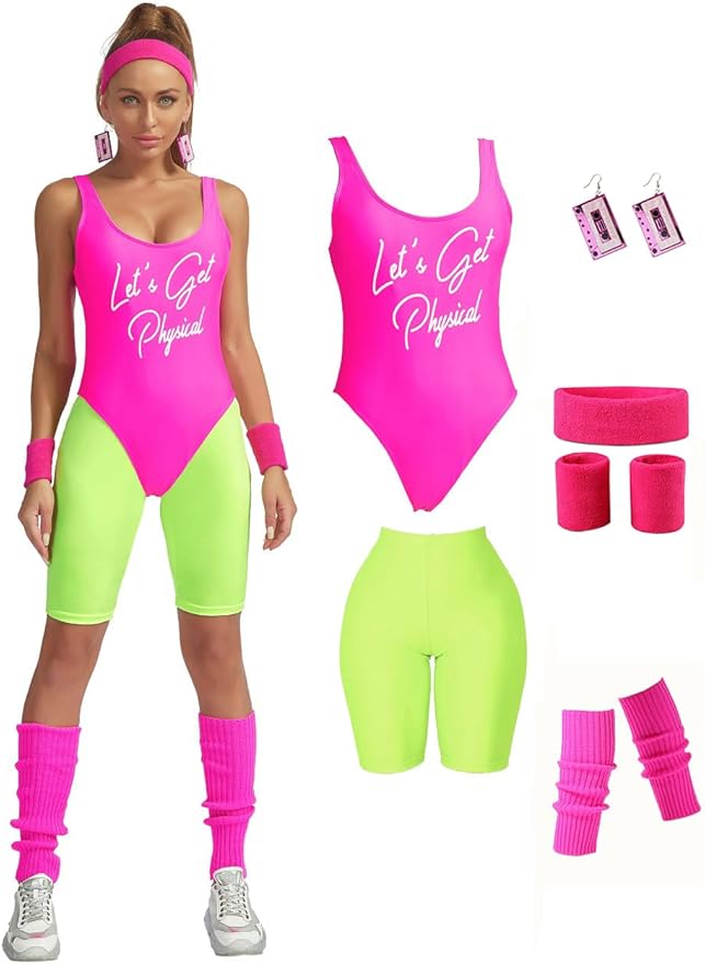 MIAIULIA Womens 80s Workout Costume Outfit 80s Accessories Set Leotard Neon Legging Headband Wristbands Set