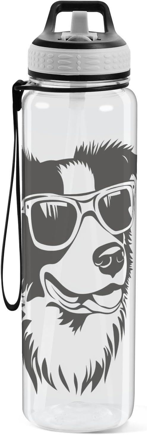 Fustylead Black and White Hipster Collie Dog Wear Glasses 32oz BPA Free Water Bottles, Leakproof Tritan Sport Water Bottle with Straw for Gym Fitness Running