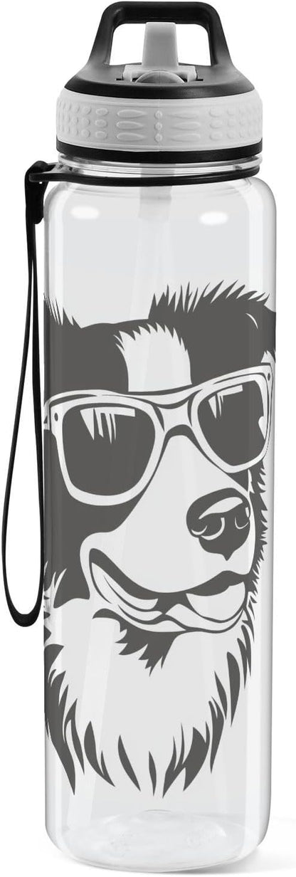 Fustylead Black and White Hipster Collie Dog Wear Glasses 32oz BPA Free Water Bottles, Leakproof Tritan Sport Water Bottle with Straw for Gym Fitness Running