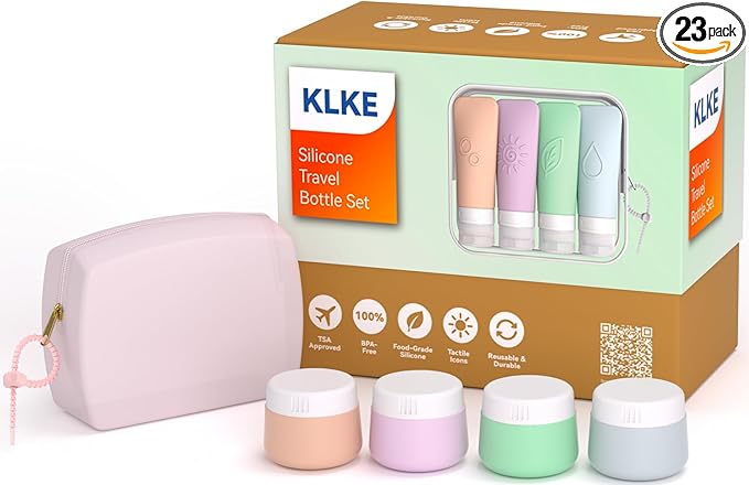 23-Piece All-in-One Silicone Travel Bottles Set – TSA Approved Leakproof Toiletry Kit with Double Bags, Flat Easy-Squeeze Bottles with Tactile Icons, Cream Jars, Pump & Spray, Cleaning Brush