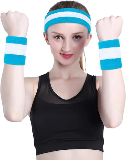 ONUPGO Sweatband Set Sports Headband Wristband Set Sweatbands Terry Cloth Wristband Wrist Sweatband Headbands Moisture Wicking Sweat Absorbing Head Band