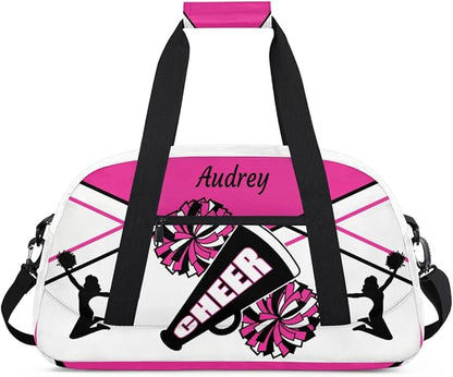Custom Sports Gym Bag for Girls Cheerleading Bag, Personalized Sport Dance Bag Travel Overnight Small Duffel Bag Gymnastics Workout Sleepover Bag, Rosy White Black CHEER