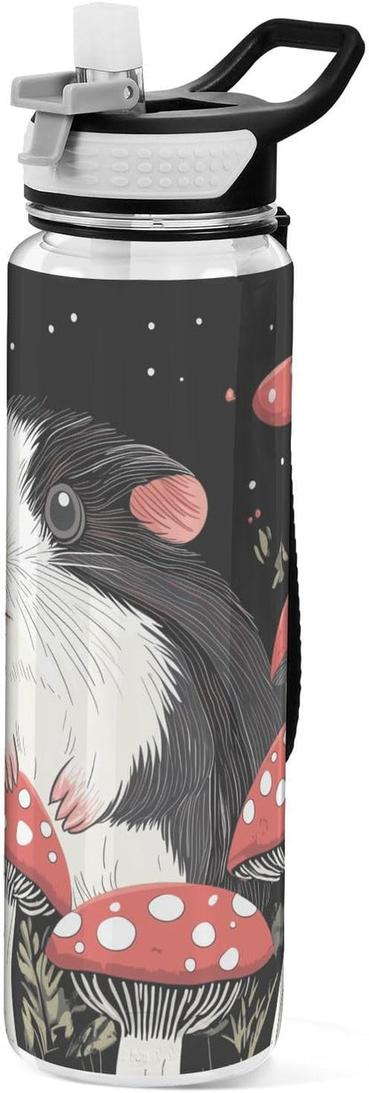 Fustylead Lovely Guinea Pig and Red Amanita Mushrooms Tritan Water Bottle with Straw and Lids, 32 oz Reusable BPA Free Sport Water Bottle for Gym Camping Hiking Travel