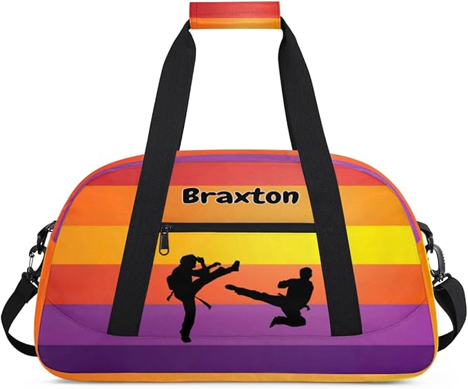 Personalized Sports Duffel Bag with Name Boys, Overnight Workout Training Bags Cheerleaders Bag Personalized Gym Bag Weekender Bags, Martial Arts Silhouette Colorful Stripes