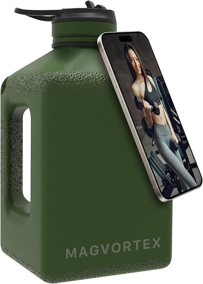 Magvortex Water Bottle 91oz, 2.7 liters BPA-Free Plastic, Magnetic Phone Holder, Wide Mouth, Leakproof Flip-Top Lid, Large Daily Intake Chug Bottle for Hydration, Gym, Hiking & Daily Use
