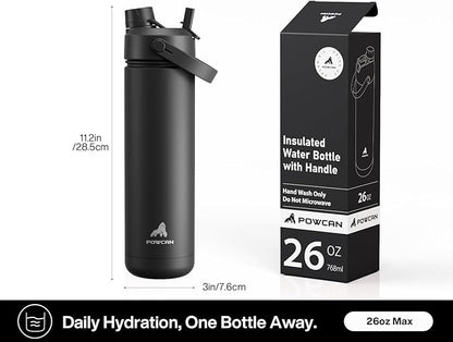 POWCAN 26 oz Insulated Water Bottle with 2-in-1 Straw and Spout Lid, Keep Cold 24H, Leak-Proof, Fits in Car Cup Holder, Stainless Steel Water Bottle for Gift, Holiday, Trip and School (Midnight Kiss)