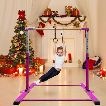 Gymnastics Bar for Kids Girls Ages 3-15 with Ring for Home Indoor Training Equipment- Steady Steel Construction, Anti-Slip, Easy to Assemble, 3' to 5' Adjustable Height