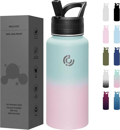 COKTIK 32oz Sports Water Bottle, Stainless Steel Water Bottle for Insulated, Reusable Travel Bottle, With Straw, With Handle Grip for Easy Carrying, Suitable for Cycling, Outdoor Vacations(Bubble Gum)